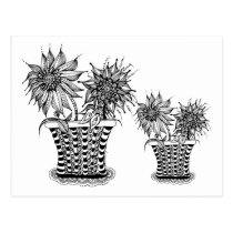 artsprojekt, doodle, flower, pot, spring, potted, flowers, blooms, floral, nature, plants, whimsy, customized, drawing, unique, original, drawn, white, black, ink, plant, flora, pots, whimsical, Postcard with custom graphic design