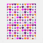 Flower Power Heart Peace Pattern hippy hippie purple and pink Fleece Blanket