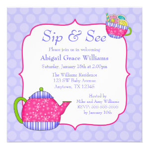 Flower Tea Cups Purple Polka Dot Sip and See Invitations