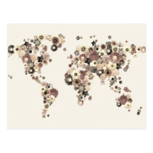 Flower World Map Sepia Post Cards