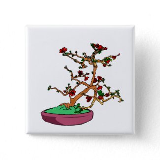 Flowering bonsai leaning tree in pot button