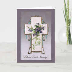 Flowers and Ferns on Vintage Easter Cross Greeting Card