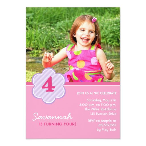 Flowers and Stripes Girls Photo Birthday Invite Invites (front side)
