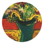 FLOWERS IN A BLUE VASE ROUND STICKERS