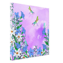 Flowers on purple with dragonflies canvas prints