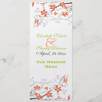 Flowers orange lime green wedding Menu card Announcement by weddings 