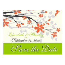 Flowers orange lime green wedding Save the Date Postcard