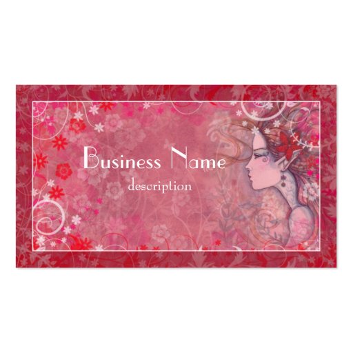 Flowers Pink Red and White with Illustrated Woman Business Card Template (front side)