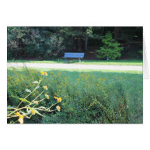 Flowers with Bench in Background Blank Note Card