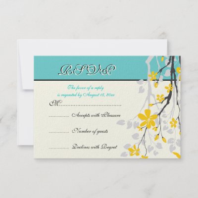 Flowers yellow turquoise wedding RSVP card Invite by weddings 