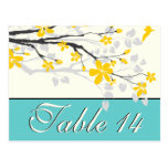 Flowers yellow turquoise wedding table number postcard