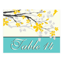 Flowers yellow turquoise wedding table number postcard
