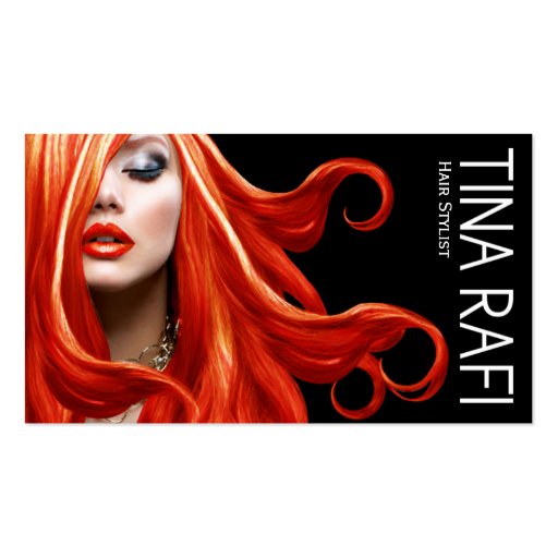 Flowing Tresses Hair Stylist redhead | black Business Card (front side)
