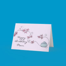 Fluffy Blue Bird Happy Birthday Mom cards