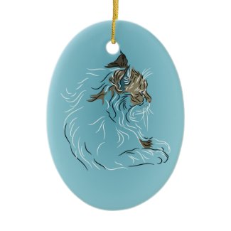 Fluffy Gray Cat on Blue Background Ornament
