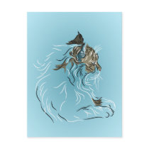 Fluffy Gray Cat on Blue Background Postcard
