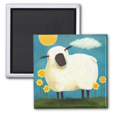 Fluffy Sheep & Yellow Flowers Art Magnet