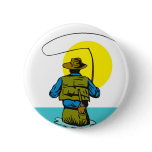Fly fisherman casting reel with fishing lure bait button
