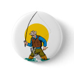 Fly fisherman casting reel with fishing lure bait pinback buttons