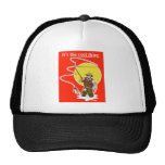Fly fisherman casting reel with fishing lure bait mesh hat