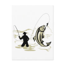 Fly fisherman casting reel with fishing lure bait postcard