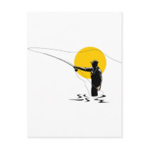 Fly fisherman casting reel with fishing lure bait postcards