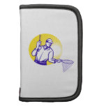 Fly Fisherman Fishing Net Retro Woodcut Organizers