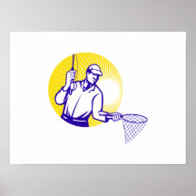Fly Fisherman Fishing Net Retro Woodcut Print
