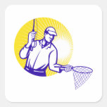 Fly Fisherman Fishing Net Retro Woodcut Square Stickers
