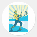 Fly Fisherman Fishing Retro Woodcut Round Sticker