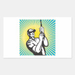 Fly Fisherman Reel Retro Woodcut Rectangular Sticker