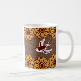 Flying Bird with Flowers Damask Pattern Coffee Mugs