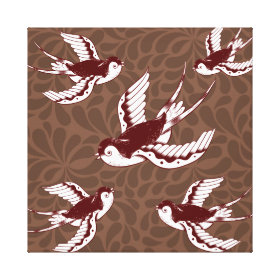 Flying Birds on Brown Damask Pattern Gallery Wrapped Canvas