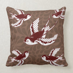Flying Birds on Brown Damask Pattern Pillow