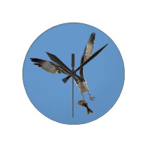 Flying Osprey & Fish 2 Wildlife Photography Round Wall Clocks
