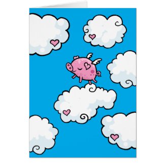 Flying pig dances on clouds card