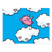 Flying pig dances on clouds postcards