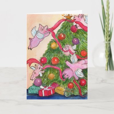 Flying Pigs Decorate the Christmas Tree Card