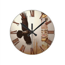 Flying Raven & Totem-Pole Fantasy Art Round Wall Clock