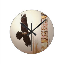 Flying Raven & Totem-Pole Fantasy Art Round Clock