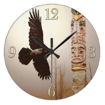 Flying Raven & Totem-Pole Fantasy Art Wall Clocks