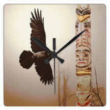 Flying Raven & Totem-Pole Fantasy Art Wallclocks