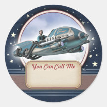 Flying Retro Rocket Name Tag Stickers
