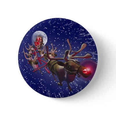 Flying Santa Claus & Rudolph, Red Nosed Reindeer Pinback Button by KahunaLuna