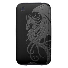 Flying Tribal Dragon - grey on black Tough iPhone 3 Cases