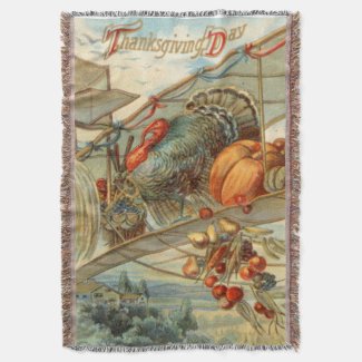 Flying Turkey Airplane Pumpkin Apple Pear Corn Throw Blanket