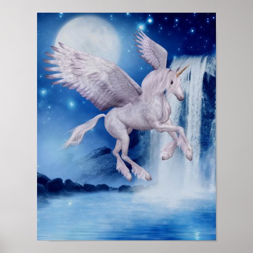 Flying Unicorn Waterfall Fantasy Horse Poster