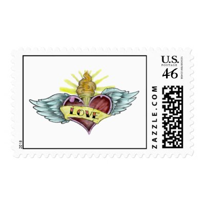 Flying Winged Heart Tattoo Stamp by gidget26. Tattoo style flying heart done in colors of red, gold, aqua and black