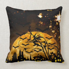 Flying Witch Harvest Moon Bats Halloween Gifts Throw Pillows
