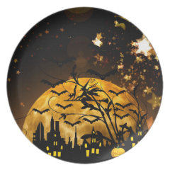 Flying Witch Harvest Moon Bats Halloween Gifts Plates